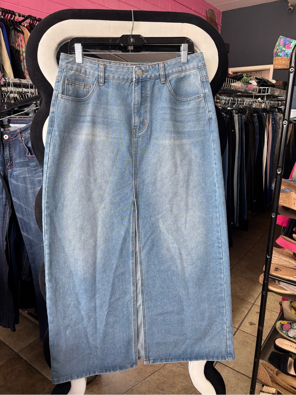 Cider Light Blue Denim Maxi Skirt with Front Slit